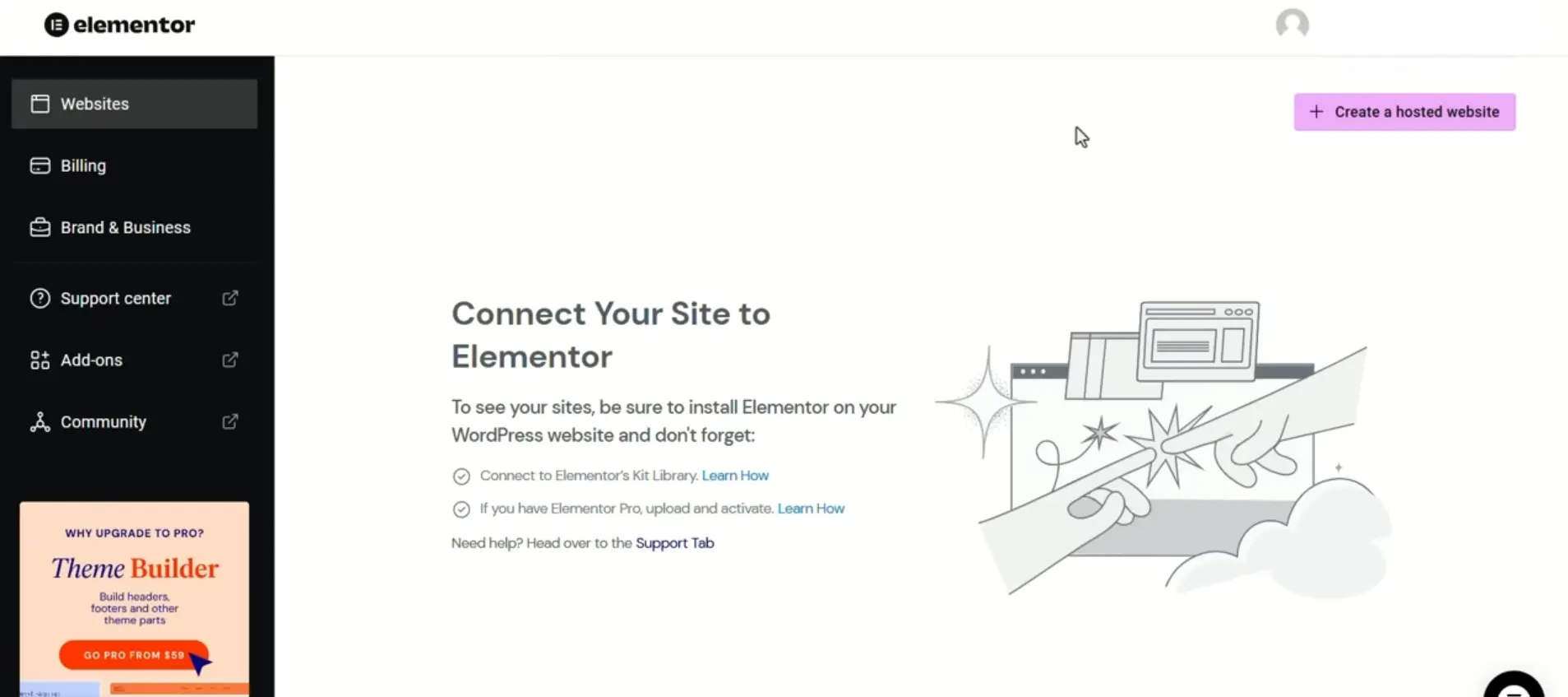 Elementor Cloud Portal Showing Theme Builder and Pro Upgrade Options