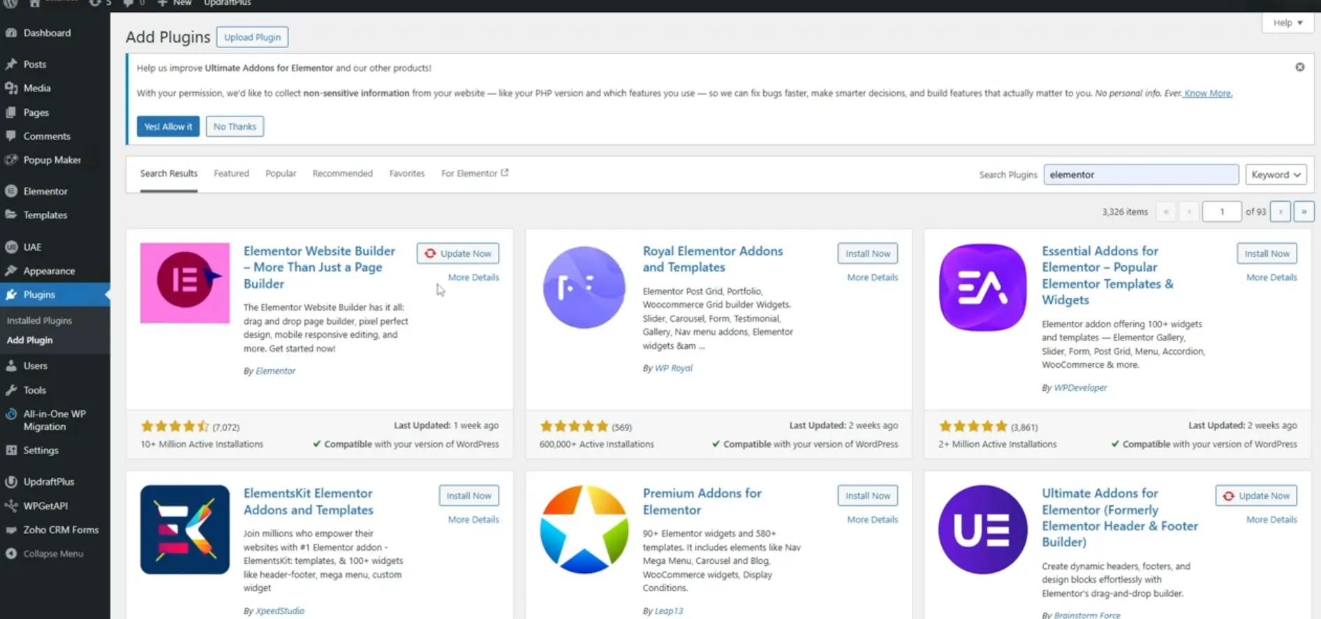 Elementor WordPress Plugin Directory Search Proof Showing Ten Million Installs