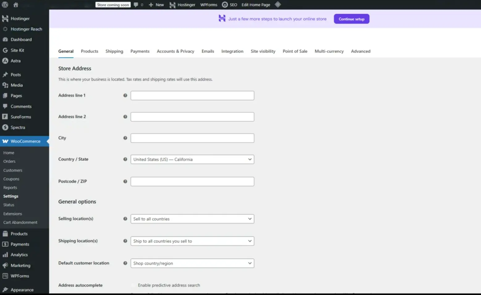 Hostinger Integrated WordPress and WooCommerce Setup Interface