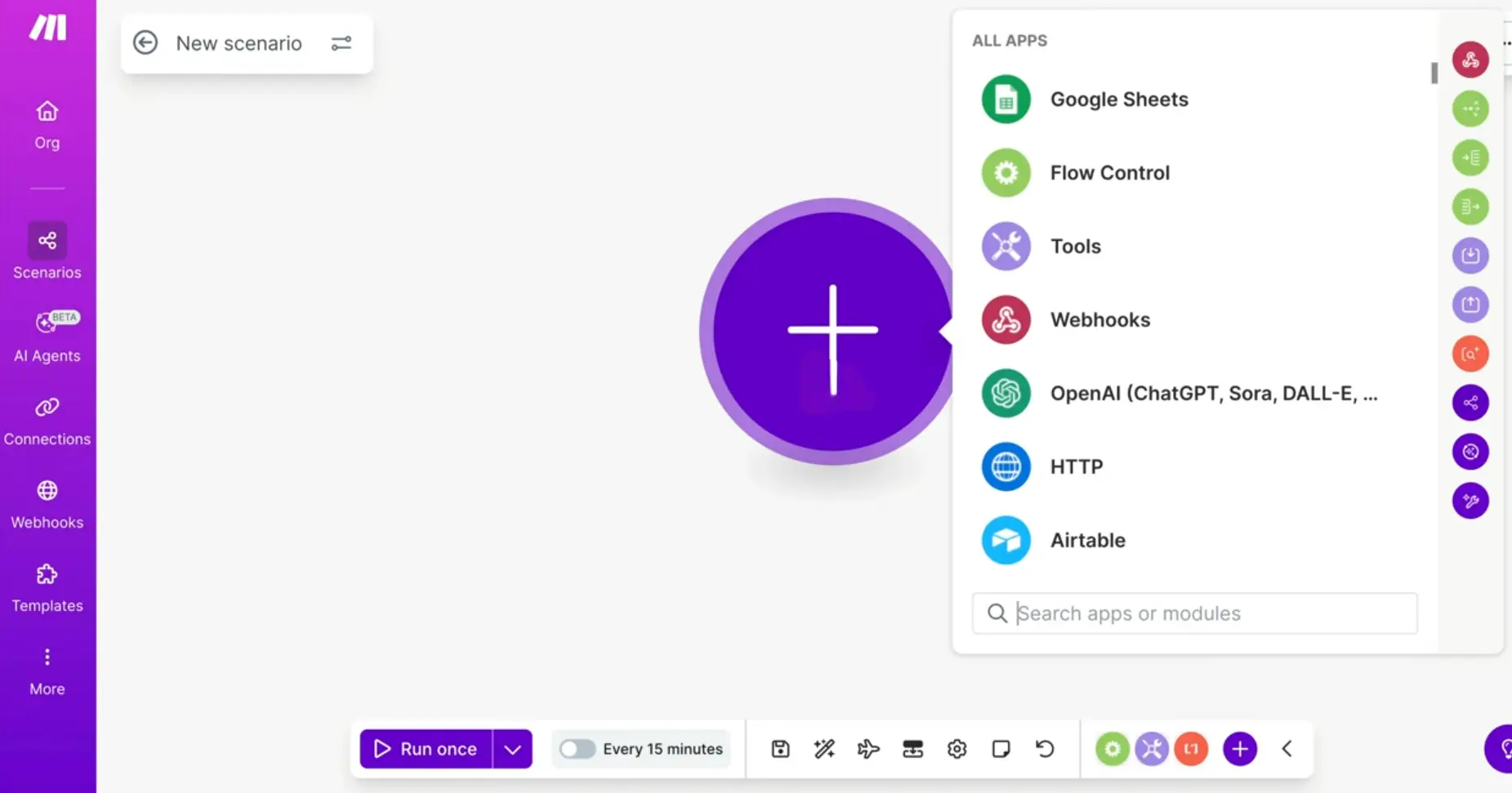 Make.com Visual Scenario Builder Showing Connected Application Modules