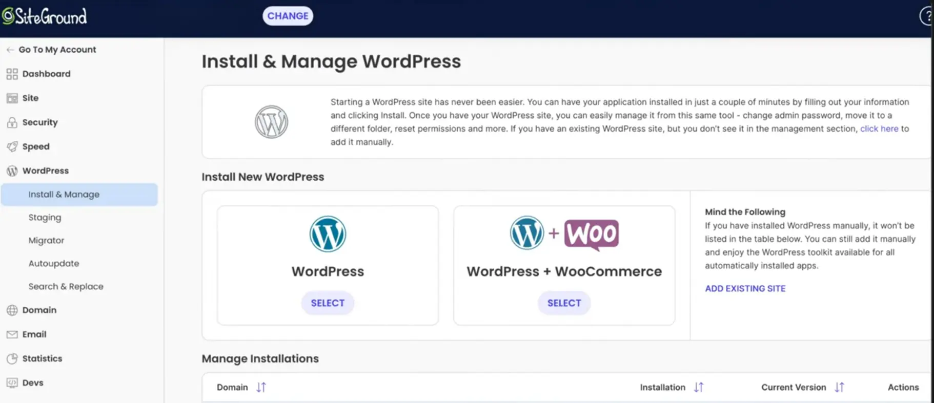 SiteGround Site Tools Install and Manage WooCommerce Interface